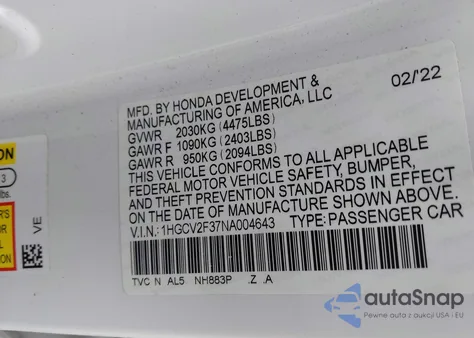 2022 Honda Accord Sport 2.0T z USA, uszkodzony, nr VIN 1HGCV2F37NA004643